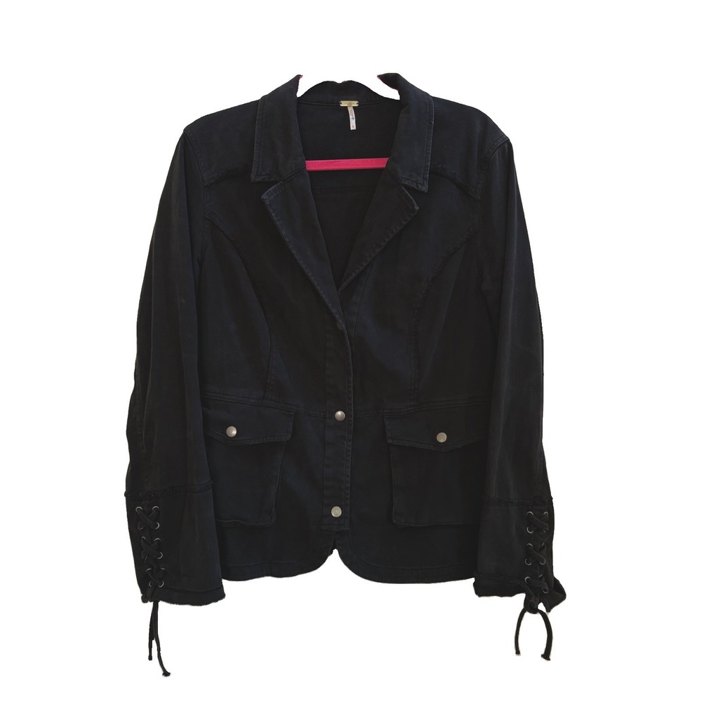 Free People Jacket Womens M Washed Black Military Utility Ruffled Lace Cuff Boho